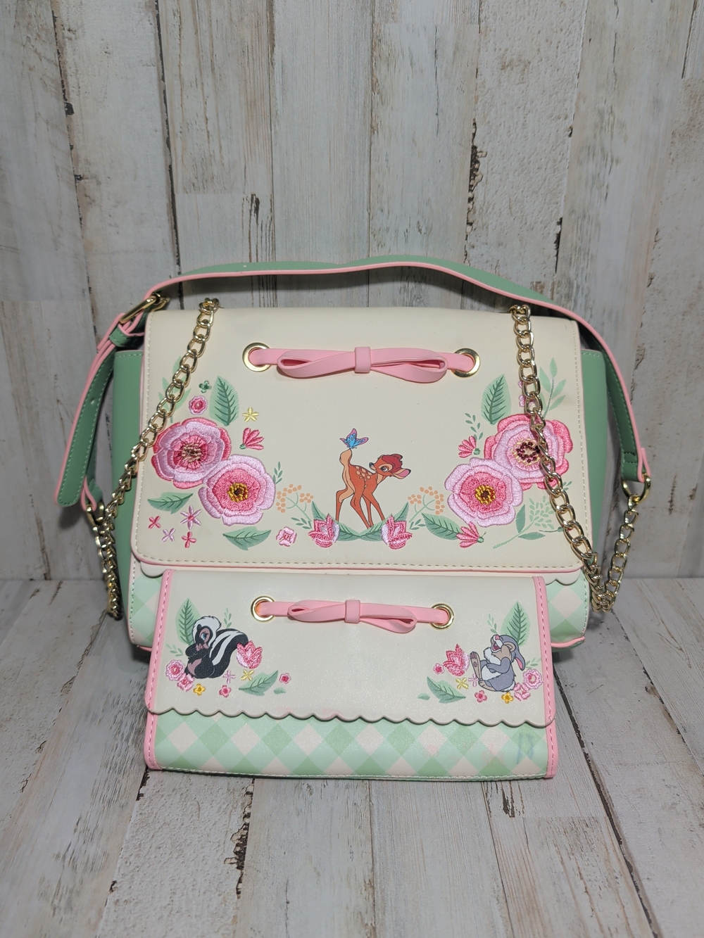 Loungefly x Disney Cream, Pink & Mint Bambi Floral Crossbody Bag With Wallet